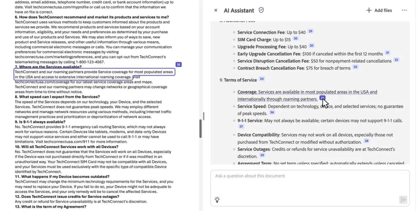 Adobe Acrobat AI tóm tắt hợp đồng dài kèm theo trích dẫn nguồn chính xác từ tài liệu gốc