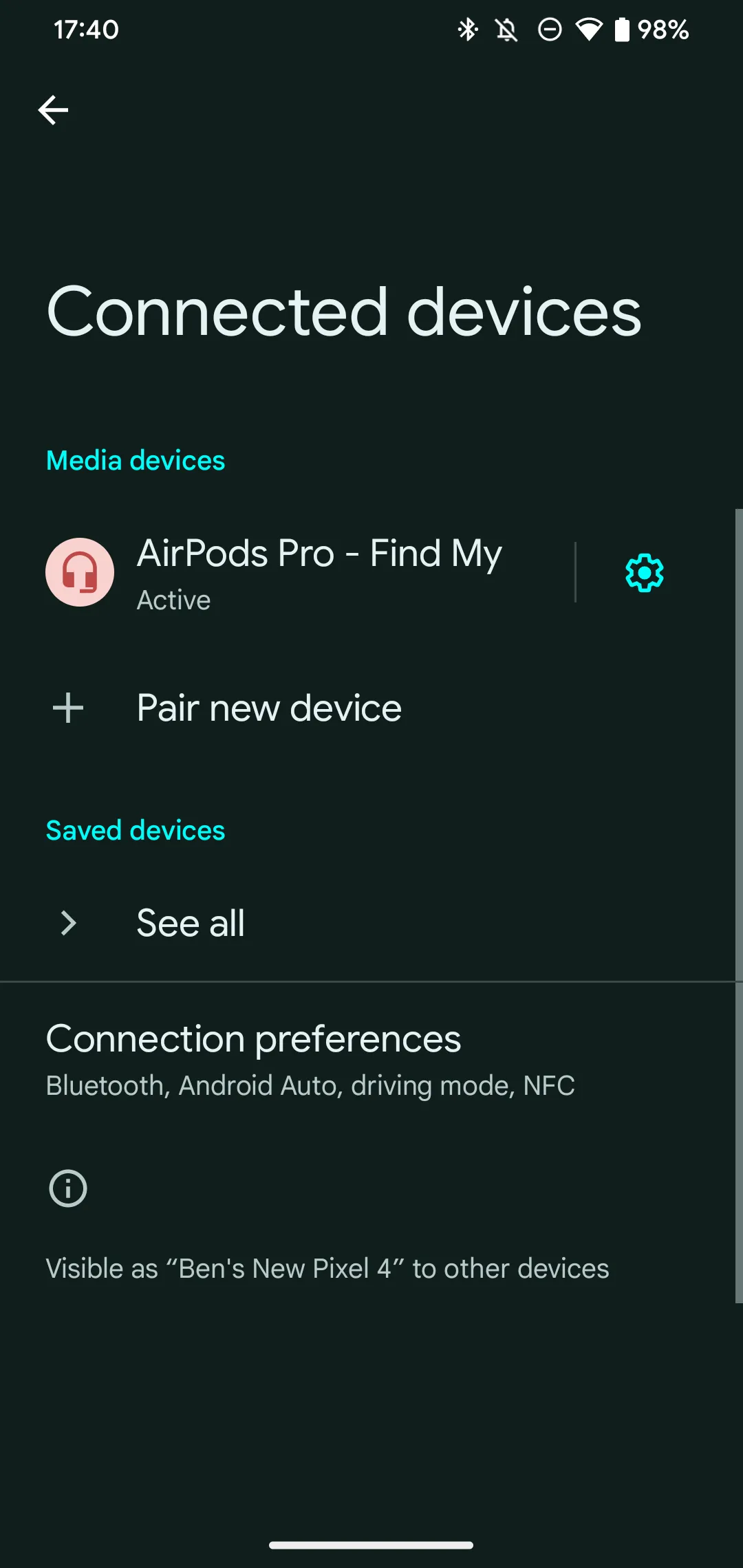 AirPods đã được kết nối thành công, hiển thị trong danh sách thiết bị Bluetooth đã ghép nối trên điện thoại Android.
