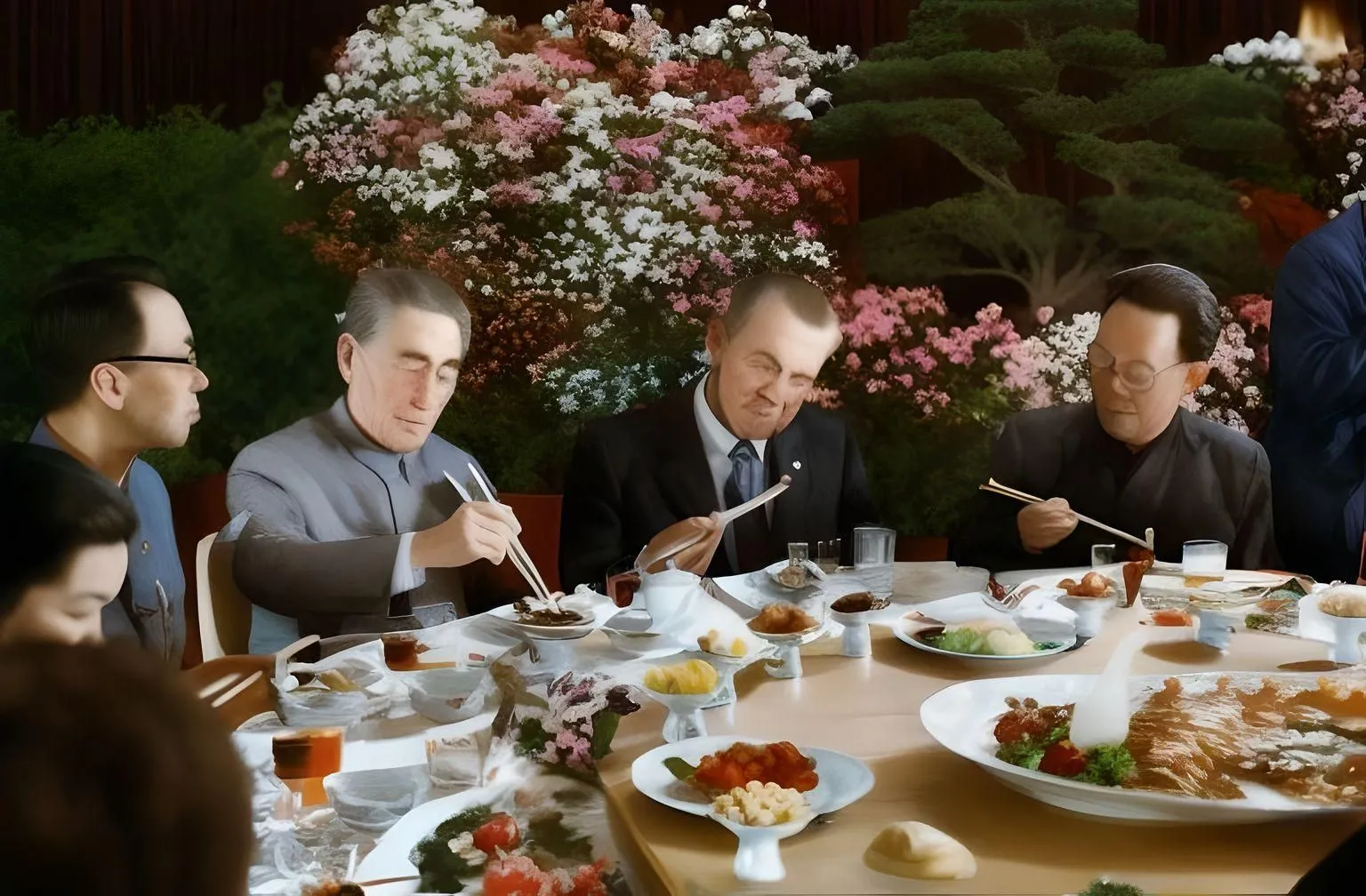 Ảnh AI tái tạo từ tính năng Image-to-Image của Fotor AI cho cảnh Nixon ở Trung Quốc, cho thấy hiện tượng méo mó gương mặt.