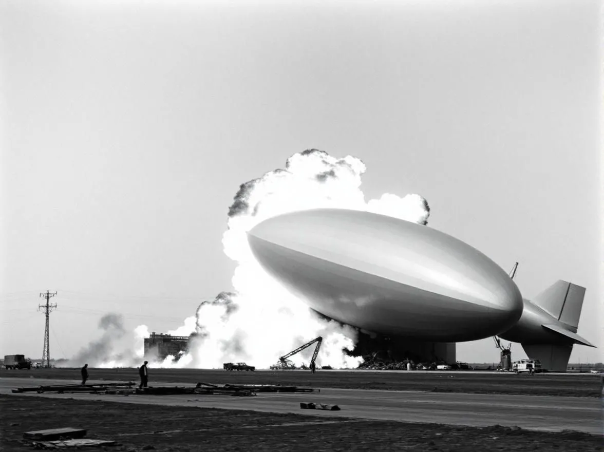 Ảnh AI tạo bởi Fotor AI cố gắng mô phỏng thảm họa Hindenburg, nhưng chưa thể hiện được sự phá hủy hoàn toàn của khinh khí cầu.