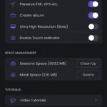 Ảnh cài đặt Superimpose X bao gồm tạo album, dung lượng phiên và không gian mặt nạ đã sử dụng