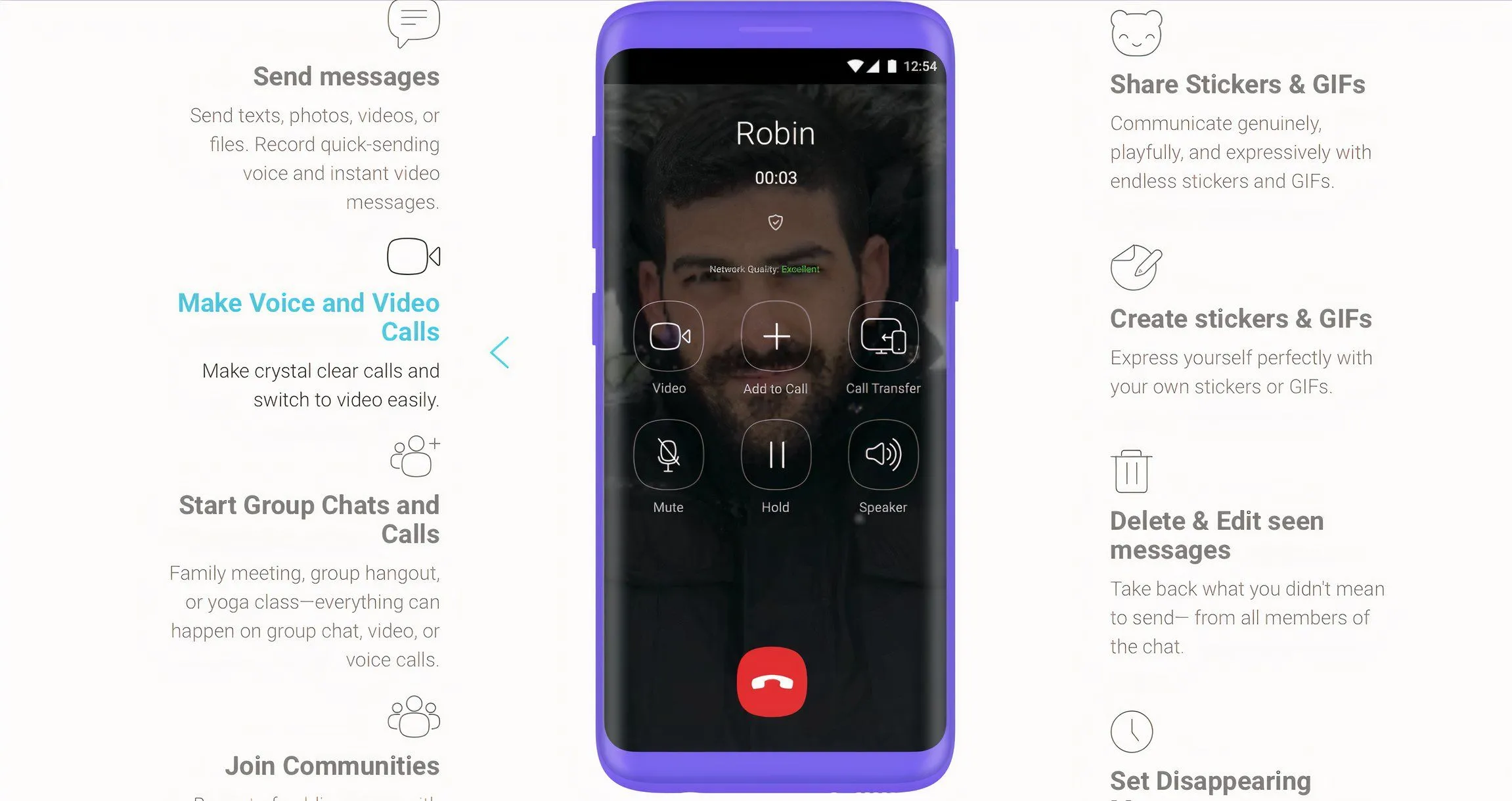 Ảnh chụp màn hình các dịch vụ và tính năng của ứng dụng Viber, nổi bật là khả năng gọi điện quốc tế giá rẻ.