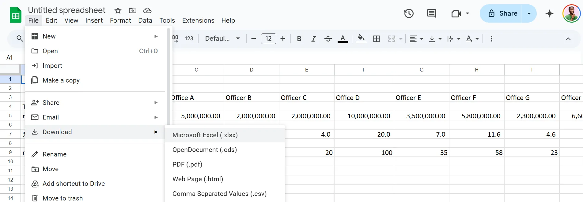 Ảnh chụp màn hình các tùy chọn tải xuống tệp từ Google Sheets, bao gồm định dạng Excel (.xlsx).