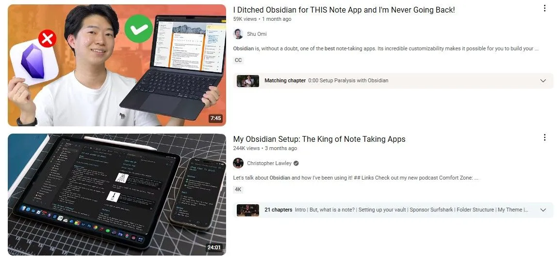 Ảnh chụp màn hình các video YouTube về Obsidian và quản lý kiến thức cá nhân, phản ánh xu hướng các &quot;influencer&quot; năng suất thổi phồng giá trị và tập trung vào yếu tố thẩm mỹ hơn là tiện ích thực tế.