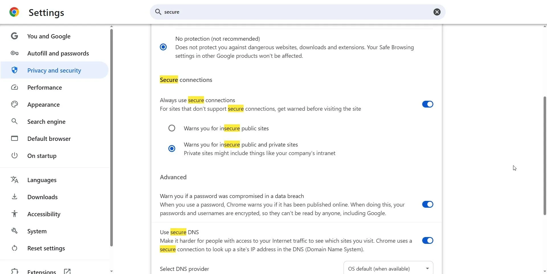 Ảnh chụp màn hình cài đặt Google Chrome, hiển thị tùy chọn &quot;Luôn sử dụng kết nối bảo mật&quot; để tăng cường bảo mật trình duyệt.