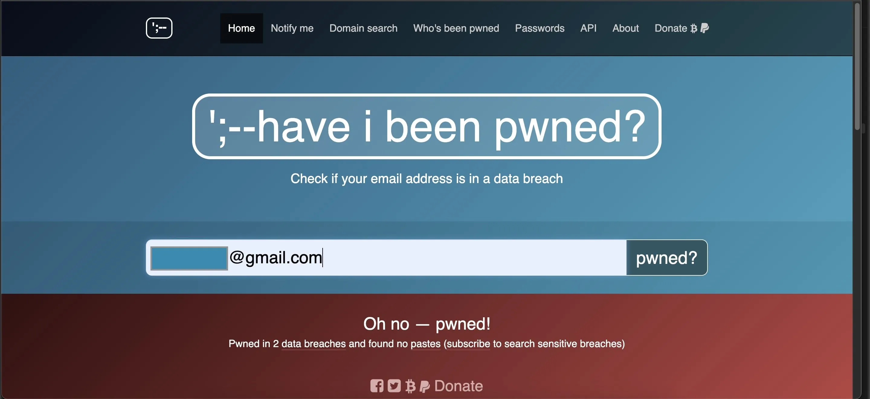 Ảnh chụp màn hình kết quả kiểm tra trên Have I Been Pwned