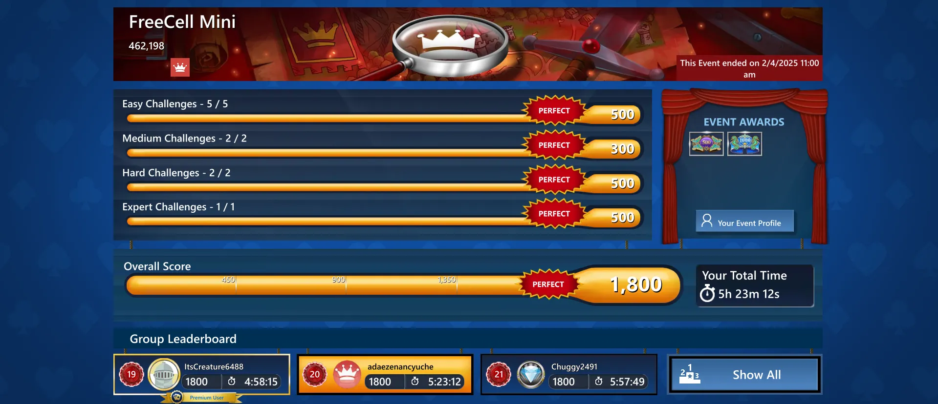Ảnh chụp màn hình kết quả một sự kiện hàng ngày trong Microsoft Solitaire trên PC