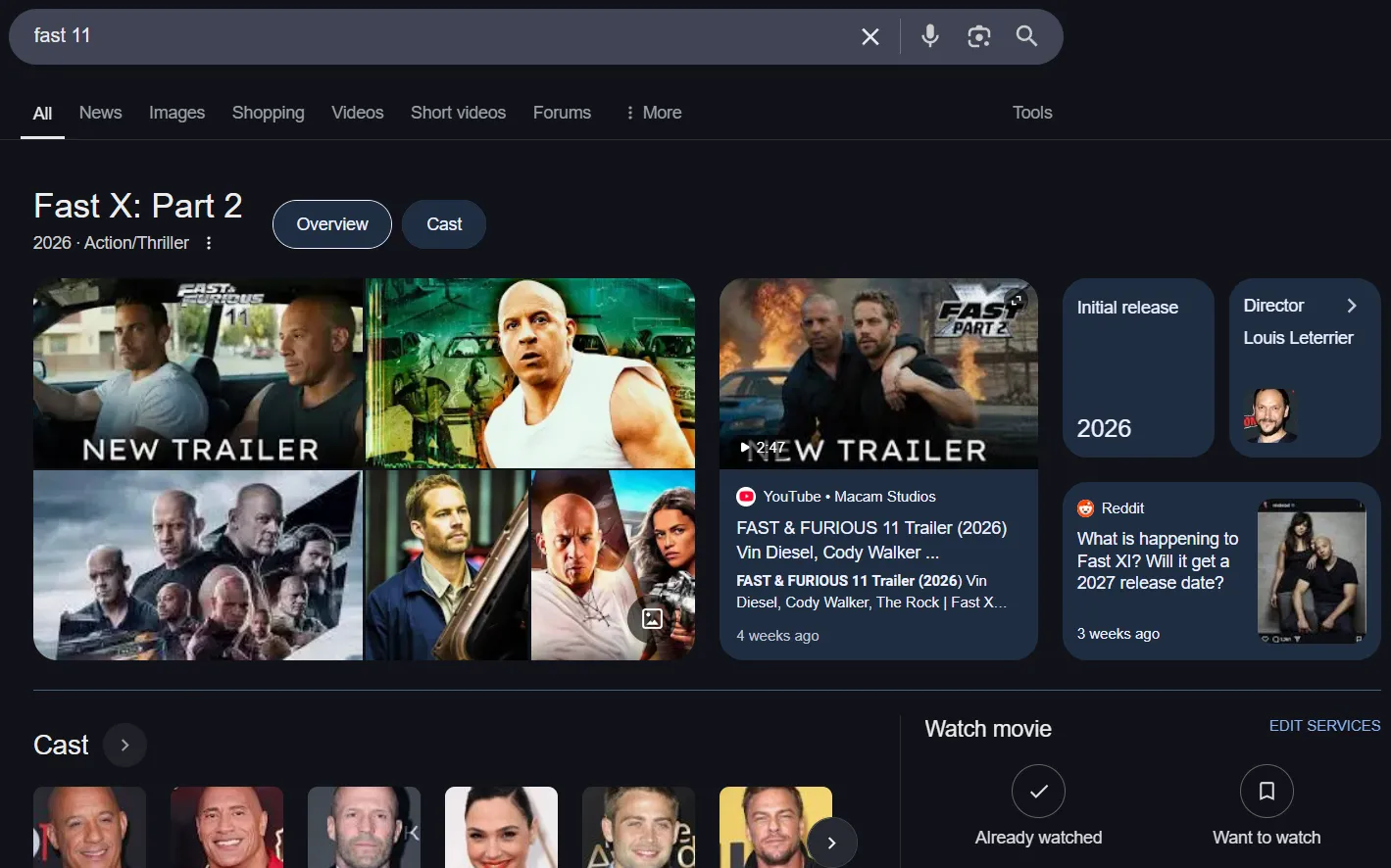Ảnh chụp màn hình kết quả tìm kiếm Google cho từ khóa 'Fast 11' với hàng loạt tiêu đề clickbait và thông tin không chính xác.