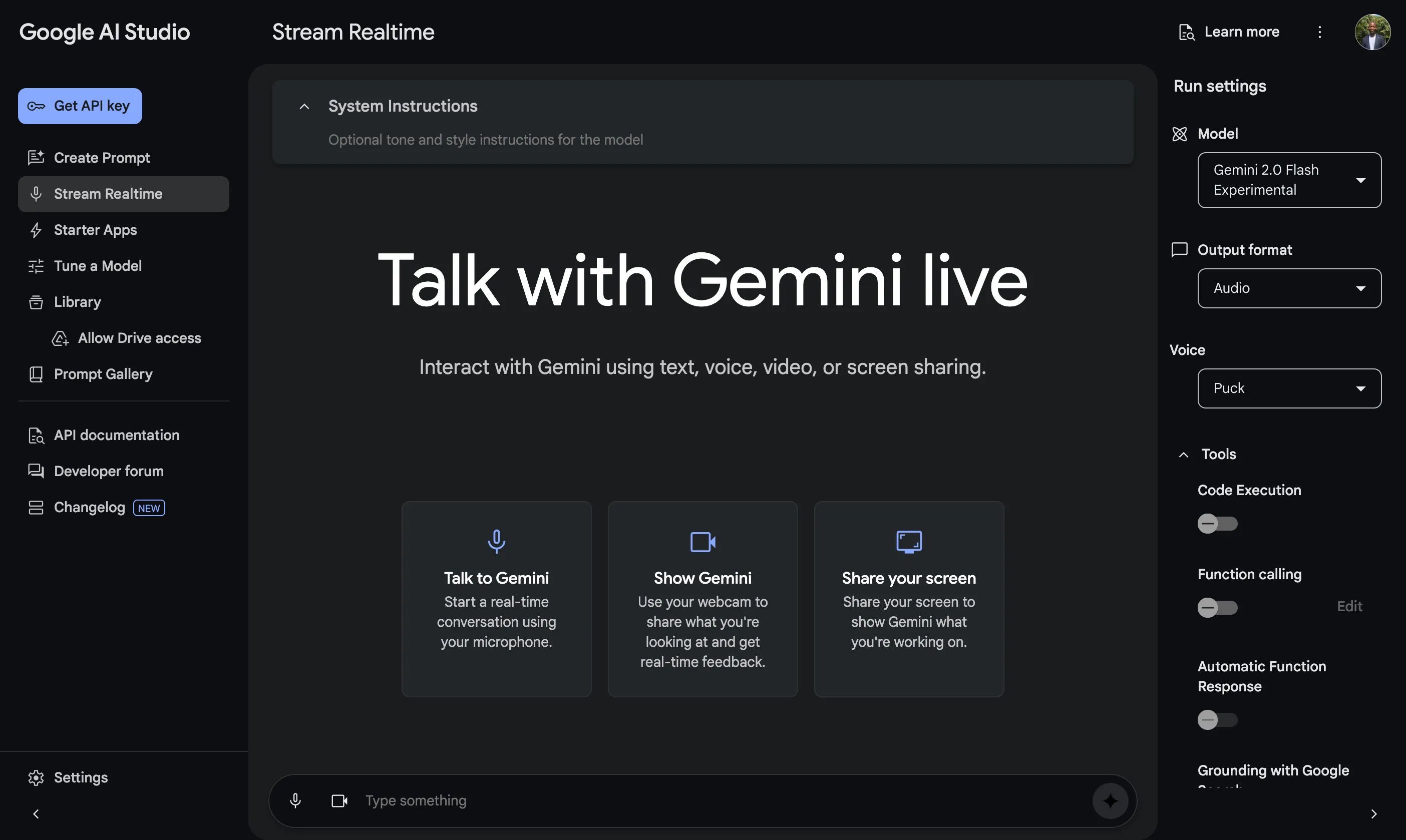 Ảnh chụp màn hình tab Stream Realtime trong Google AI Studio