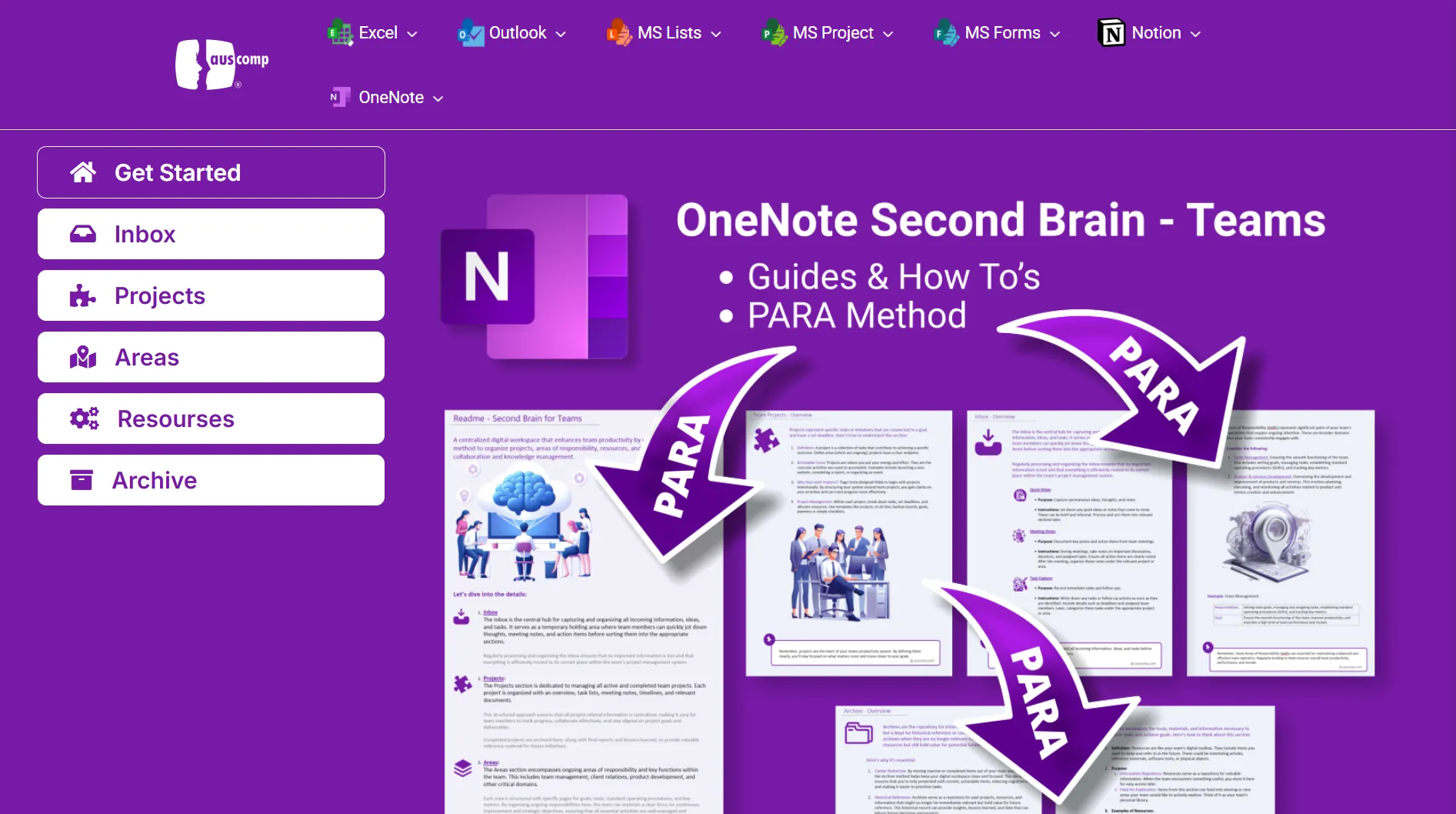 Ảnh chụp màn hình template &quot;Second Brain&quot; từ Auscomp dành cho OneNote