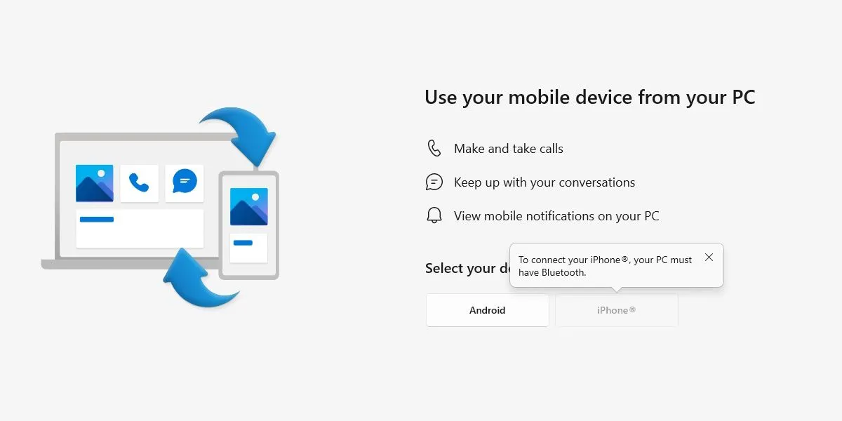 Ảnh chụp màn hình thiết lập ứng dụng Microsoft Phone Link
