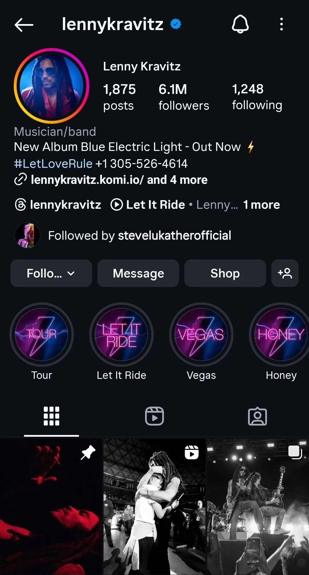 Ảnh chụp màn hình trang Instagram chính thức của nghệ sĩ nhạc rock Lenny Kravitz, minh họa sự hiện diện mạng xã hội của nghệ sĩ thật.
