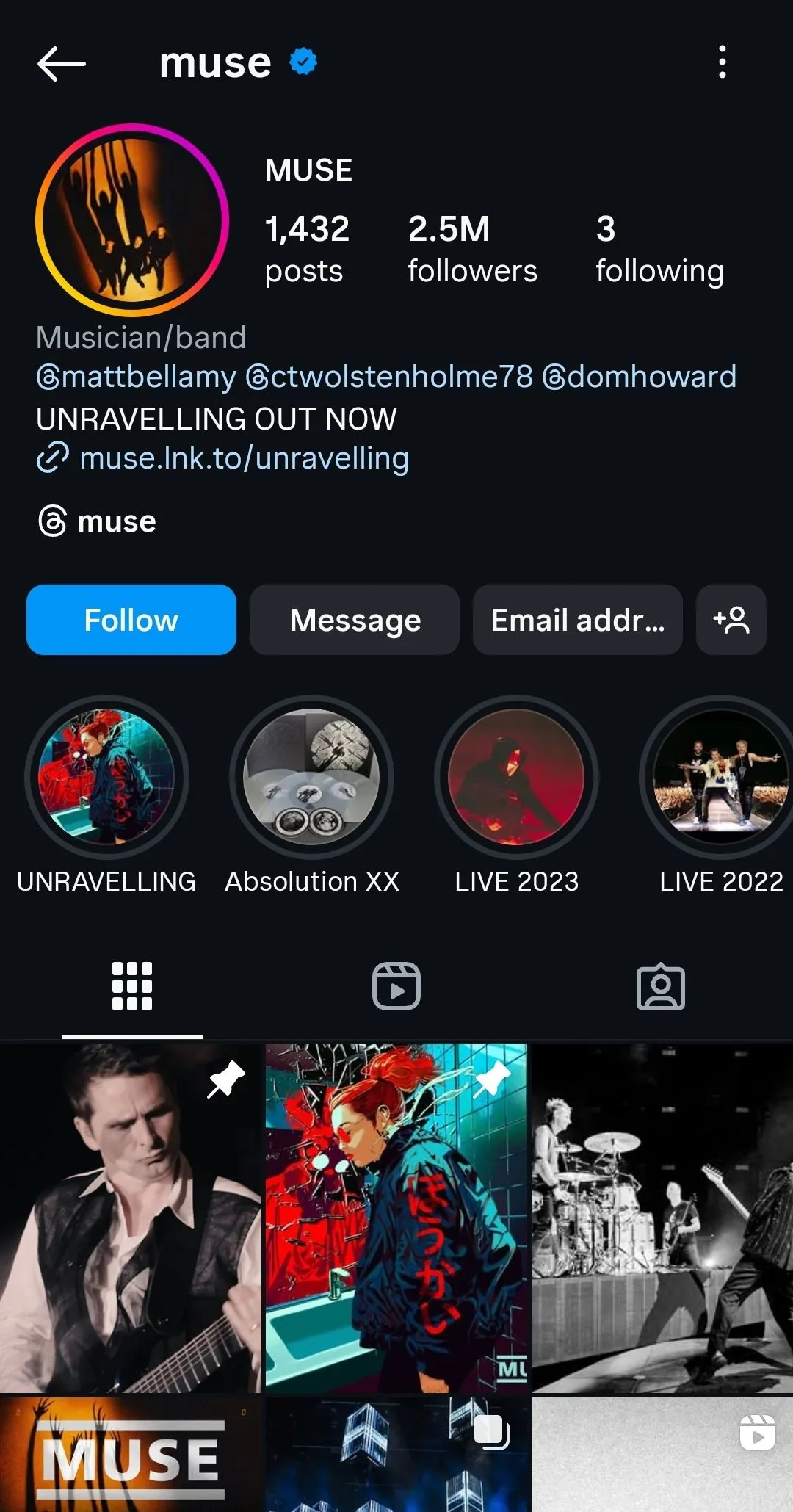Ảnh chụp màn hình trang Instagram của ban nhạc rock Muse, minh họa hoạt động trực tuyến và tương tác người hâm mộ của nghệ sĩ có thật.
