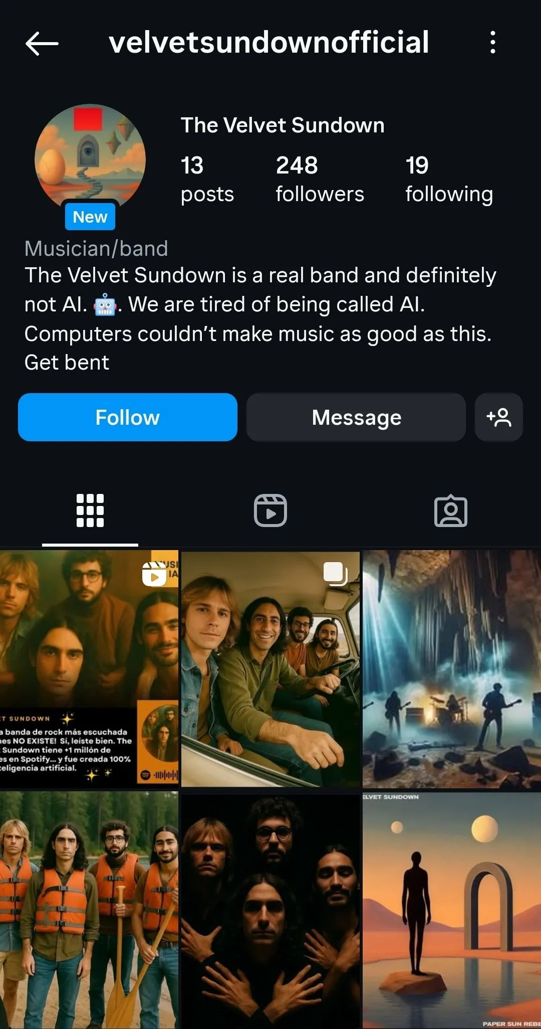 Ảnh chụp màn hình trang Instagram của nhóm nhạc AI The Velvet Sundown, nổi bật sự thiếu tương tác và thông tin cá nhân đặc trưng của nghệ sĩ ảo.