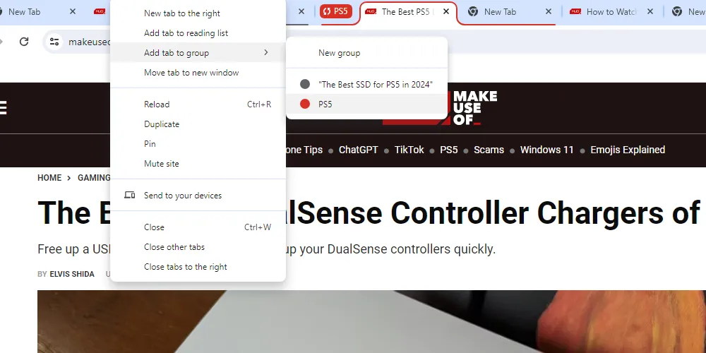 Ảnh chụp màn hình trình duyệt Chrome hiển thị tùy chọn 'Thêm tab mới vào nhóm' trong menu ngữ cảnh