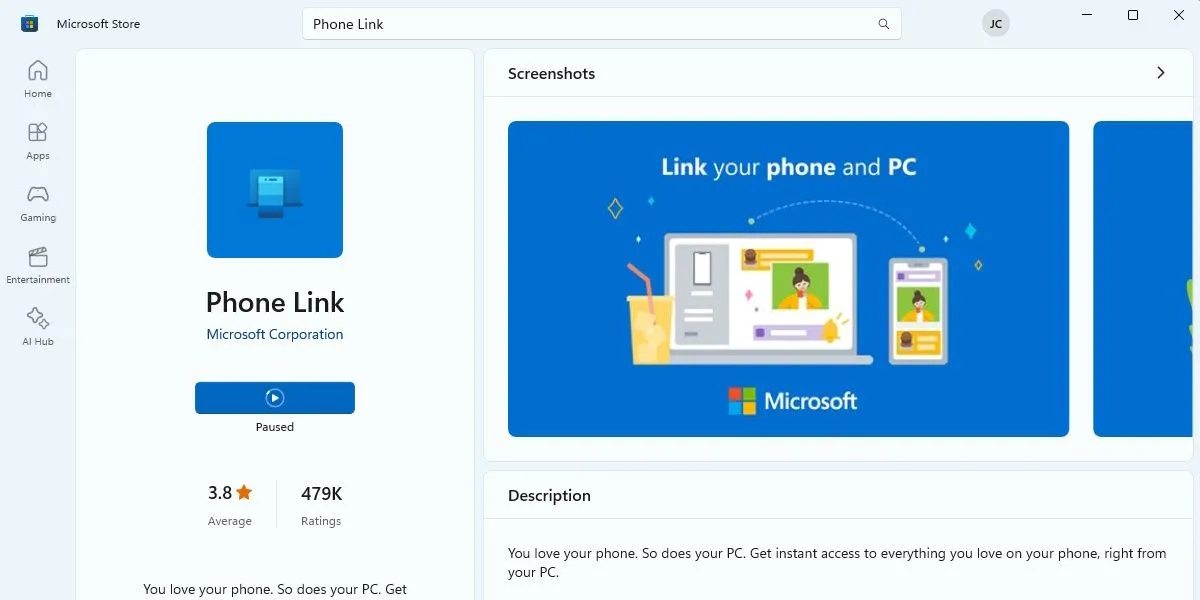 Ảnh chụp màn hình ứng dụng Microsoft Phone Link trong Microsoft Store, cho phép đồng bộ điện thoại với Windows.