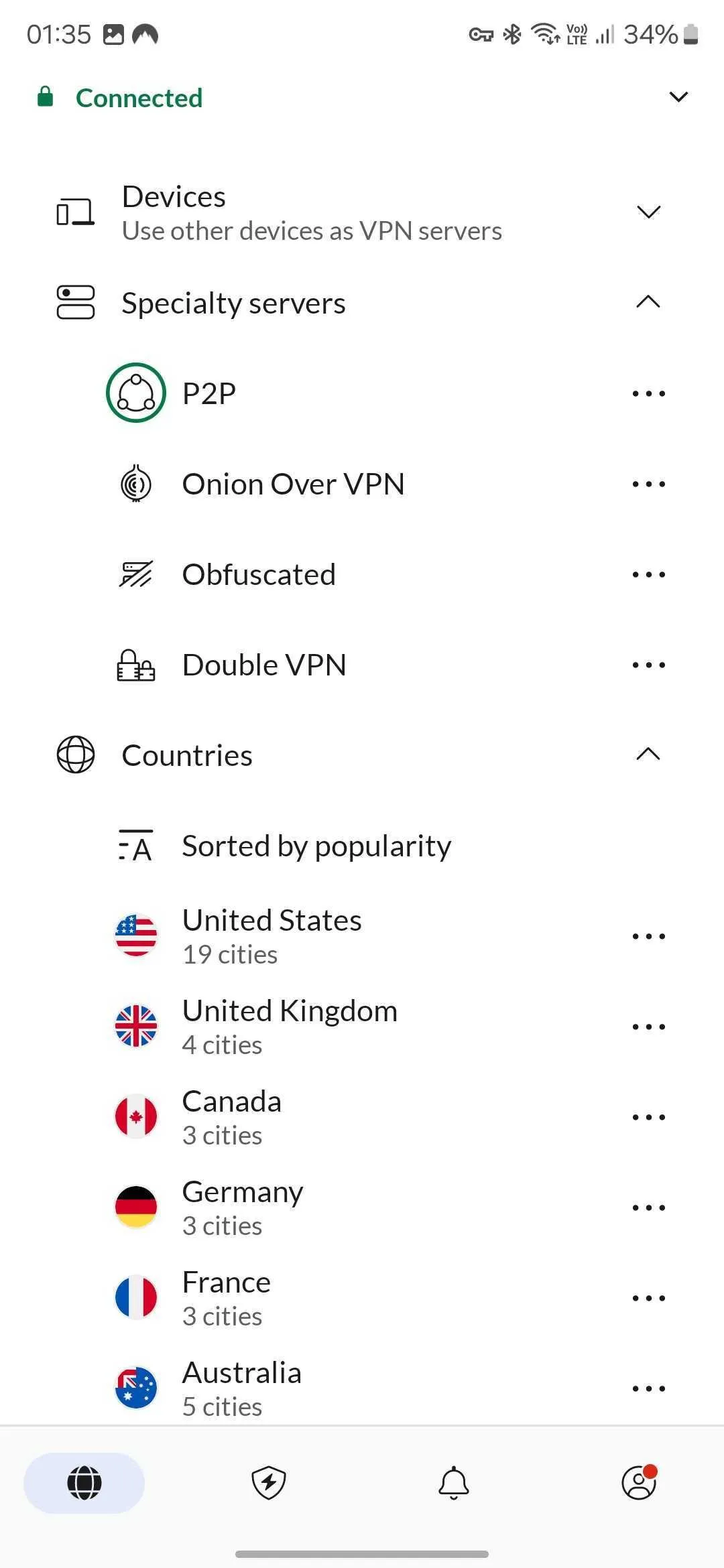 Ảnh chụp màn hình ứng dụng NordVPN trên điện thoại Android, thể hiện giao diện kết nối VPN và các tùy chọn bảo mật địa chỉ IP