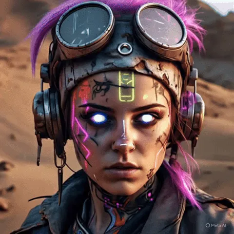 Ảnh GIF hoạt hình người phụ nữ cyberpunk trong sa mạc