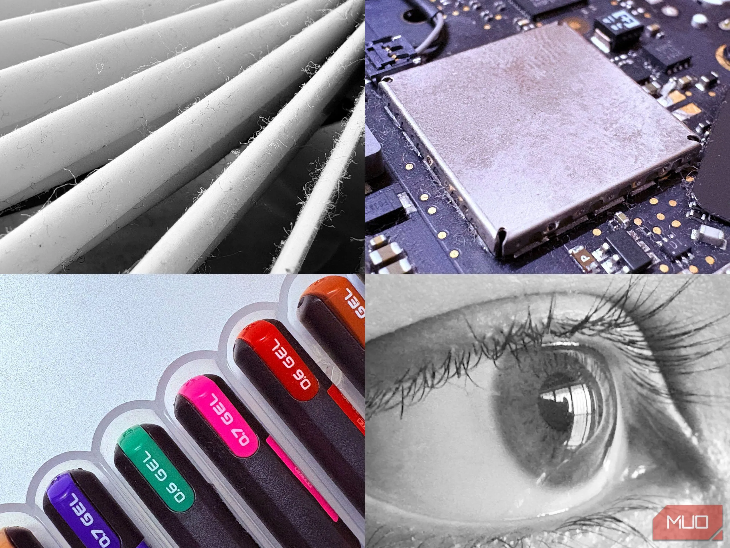Ảnh macro từ iPhone 16 chụp các vật phẩm gia dụng thông thường như bút chì, ốc vít, bo mạch điện tử
