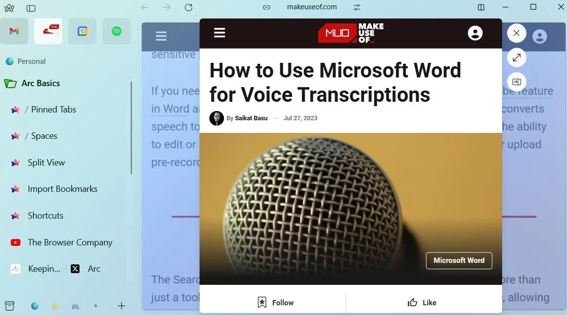 Arc Browser hiển thị bản xem trước liên kết trong cửa sổ pop-up, tính năng Peek giúp duyệt web hiệu quả.
