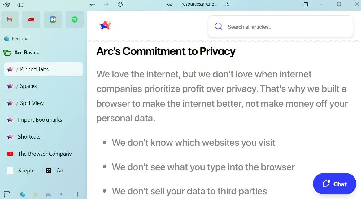 Arc Browser hiển thị chính sách quyền riêng tư của The Browser Company, nhấn mạnh cam kết bảo mật dữ liệu người dùng.