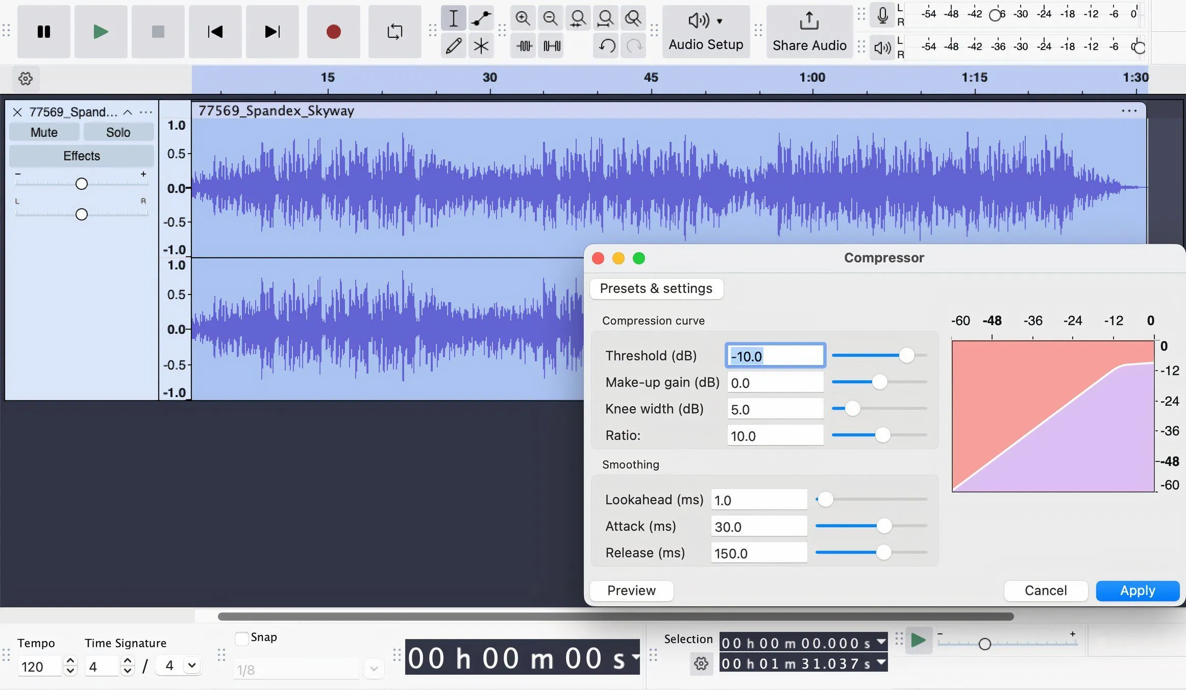 Audacity với plugin nén âm thanh được chọn, thể hiện giao diện tùy chỉnh và chuyên nghiệp.
