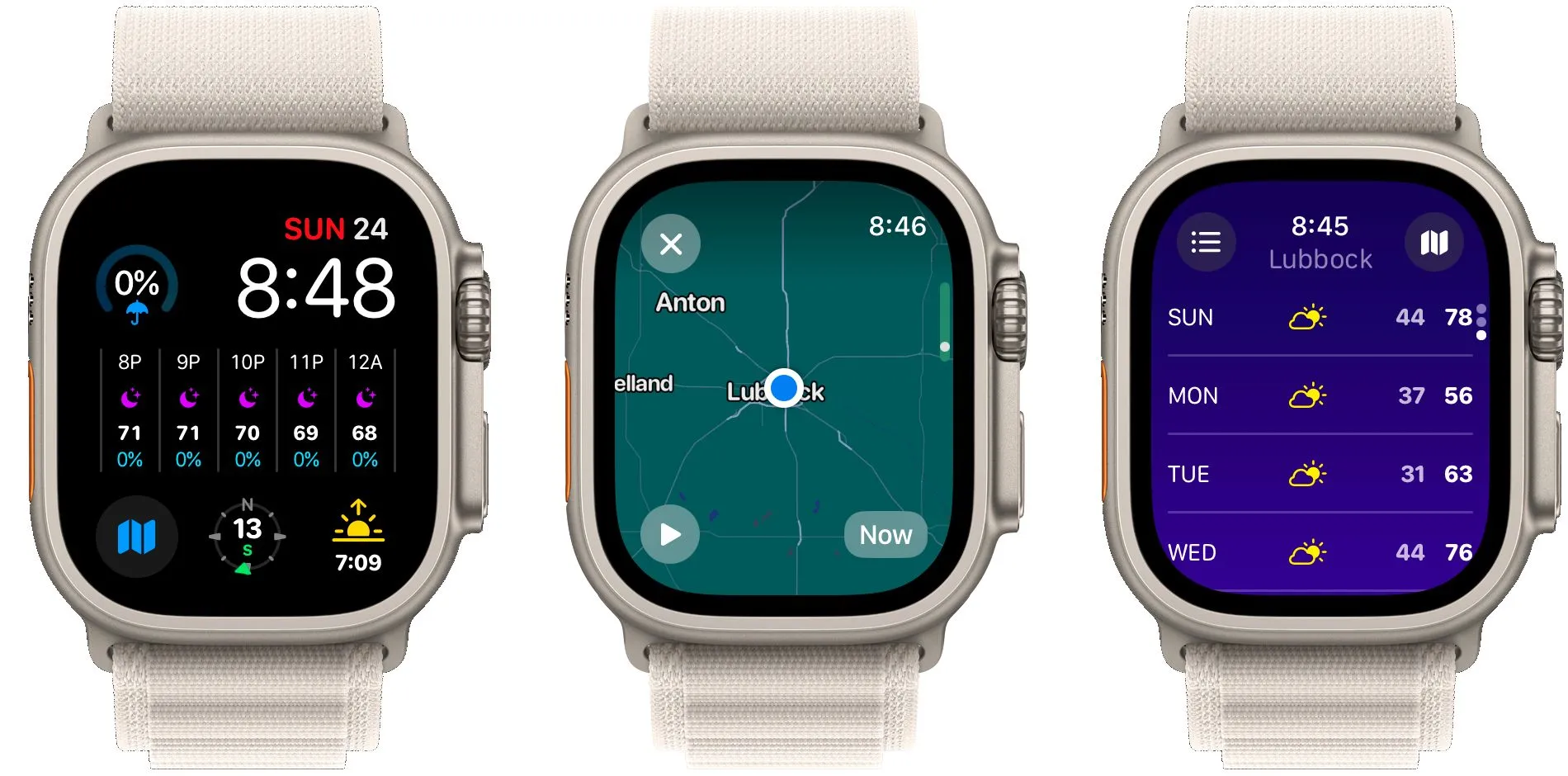 Ba màn hình giao diện ứng dụng Carrot Weather trên Apple Watch hiển thị dữ liệu thời tiết chi tiết