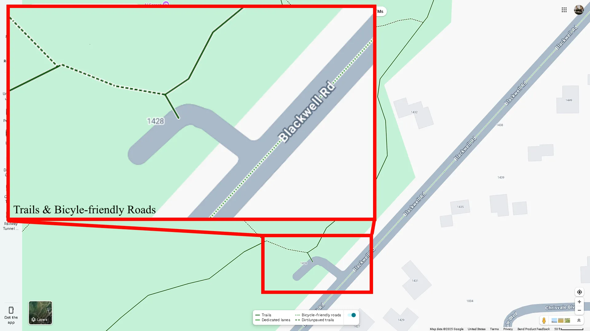 Bản đồ Google Maps hiển thị các tuyến đường dành cho xe đạp với các đường kẻ màu xanh lá khác nhau