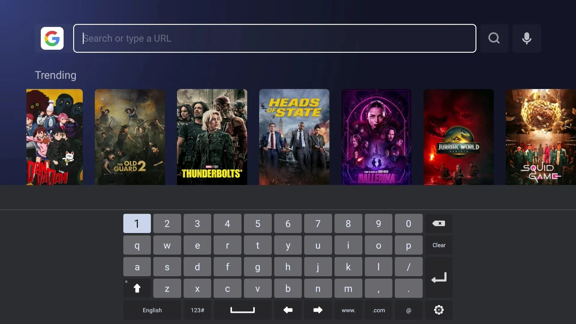 Bàn phím ảo trên màn hình đang mở trong ứng dụng trình duyệt của Smart TV