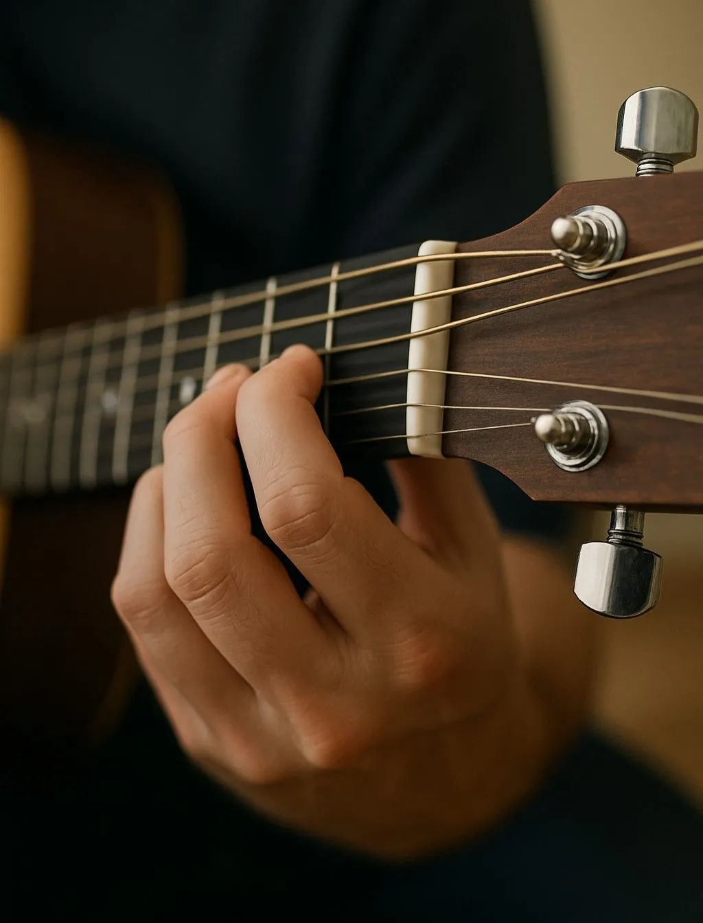 Bàn tay chơi hợp âm Mi thứ trên đàn guitar acoustic tạo bởi ChatGPT 4o