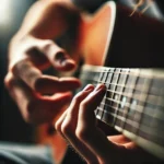 Bàn tay chơi hợp âm Mi thứ trên đàn guitar acoustic tạo bởi DALL-E