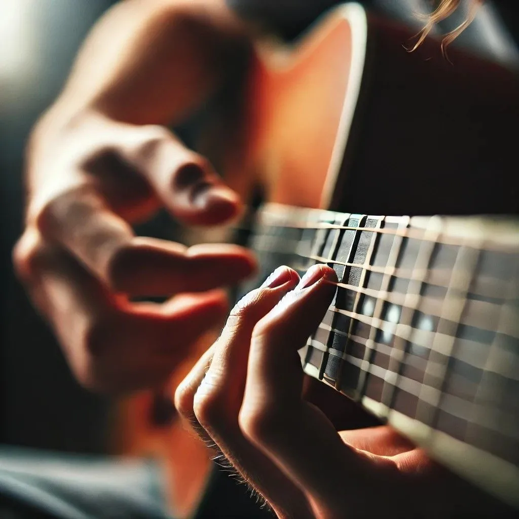 Bàn tay chơi hợp âm Mi thứ trên đàn guitar acoustic tạo bởi DALL-E