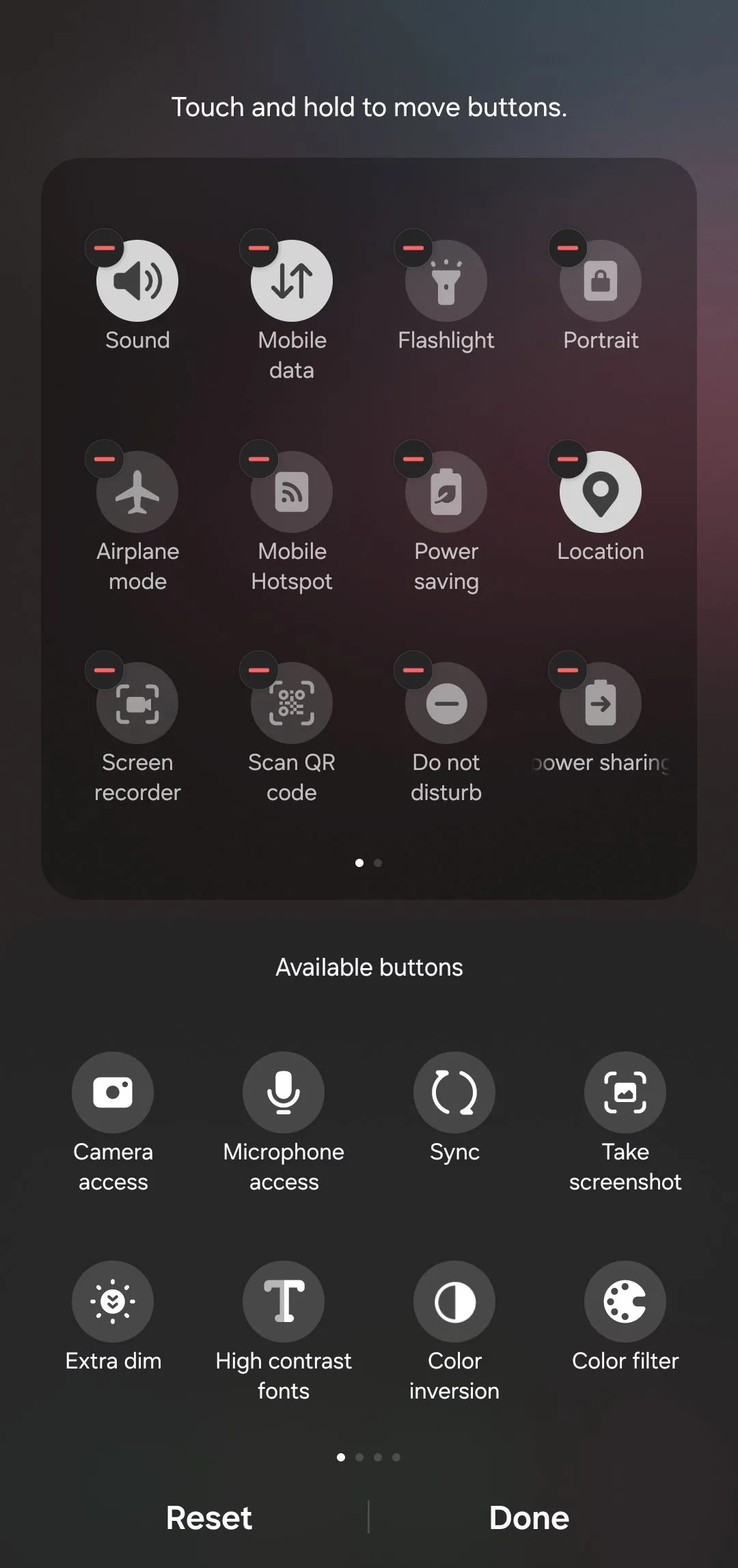 Bảng cài đặt nhanh (Quick Settings) trên Android ở chế độ chỉnh sửa, cho phép sắp xếp và thêm các lối tắt tiện ích