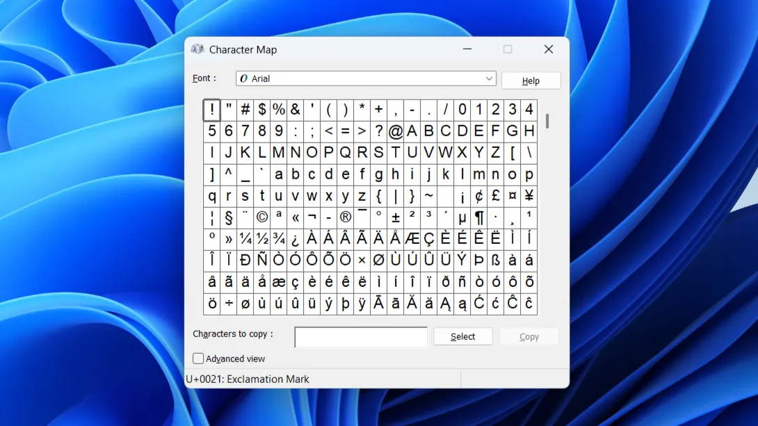 Bảng Character Map trên Windows 11 hiển thị các ký tự đặc biệt để người dùng sao chép và sử dụng