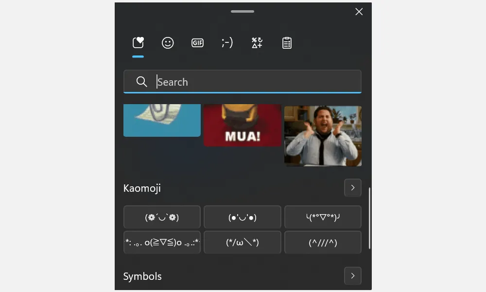 Bảng chọn Emoji hiển thị các biểu tượng cảm xúc và ký tự đặc biệt trên Windows