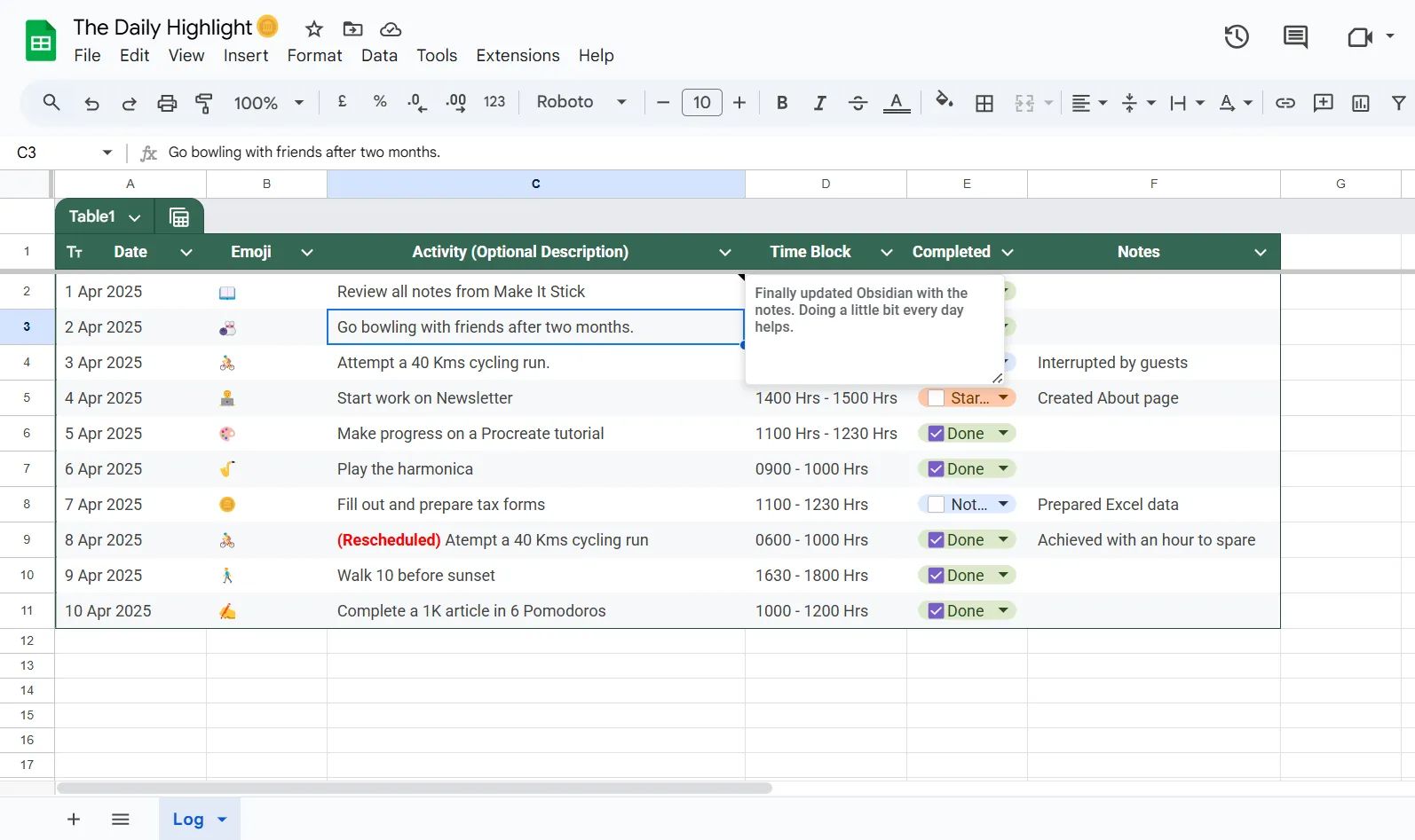 Bảng Daily Highlight cá nhân được tổ chức khoa học trong Google Sheets