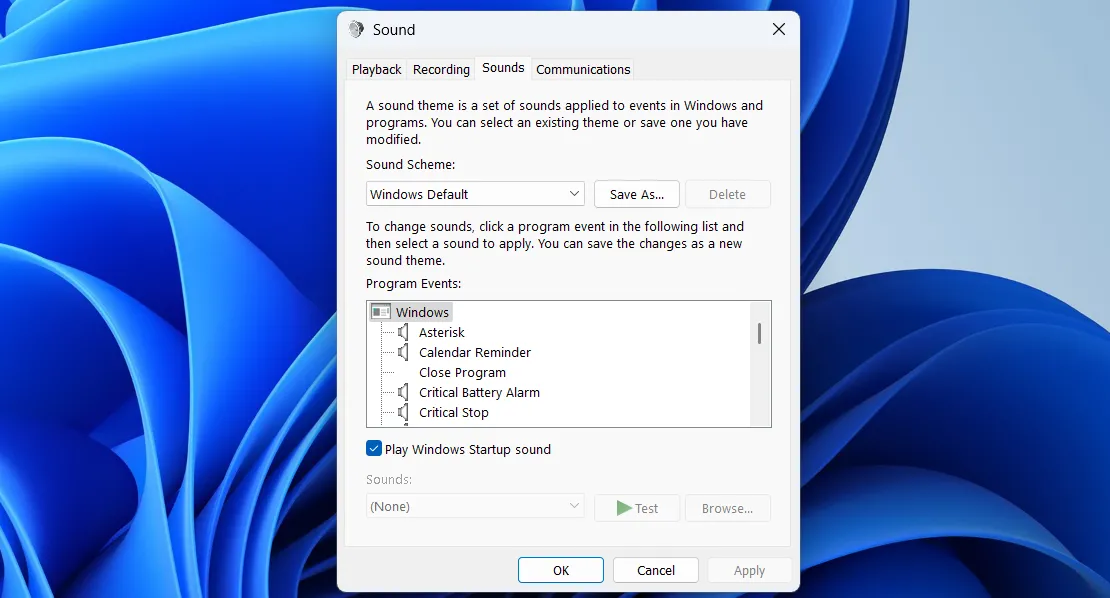 Bảng điều khiển cài đặt âm thanh truyền thống (Sound settings) trên Windows 11, cho phép cấu hình thiết bị âm thanh