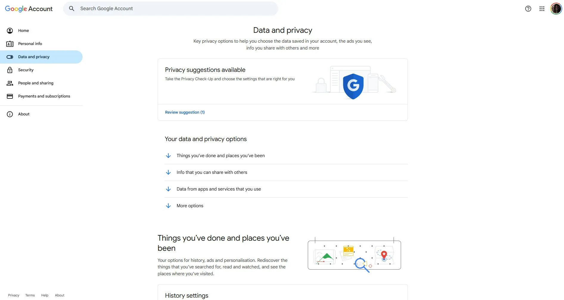 Bảng điều khiển Dữ liệu và quyền riêng tư trong cài đặt tài khoản Google, nơi bạn có thể quản lý thông tin cá nhân và cài đặt bảo mật.
