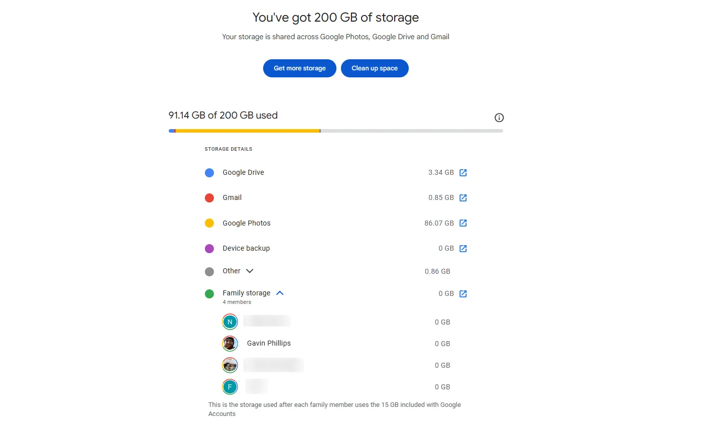 Bảng điều khiển quản lý dung lượng Google One hiển thị chi tiết dữ liệu lưu trữ