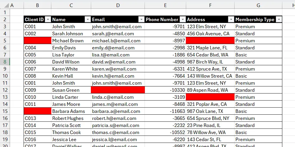 Bảng dữ liệu khách hàng trong Excel với các ô trống đã được định dạng và tô màu nổi bật