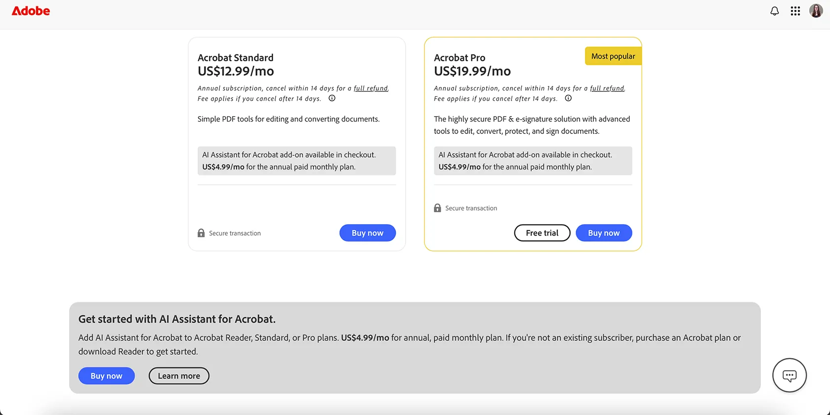 Bảng giá đăng ký bổ trợ Adobe Acrobat AI Assistant với các tính năng đọc hợp đồng