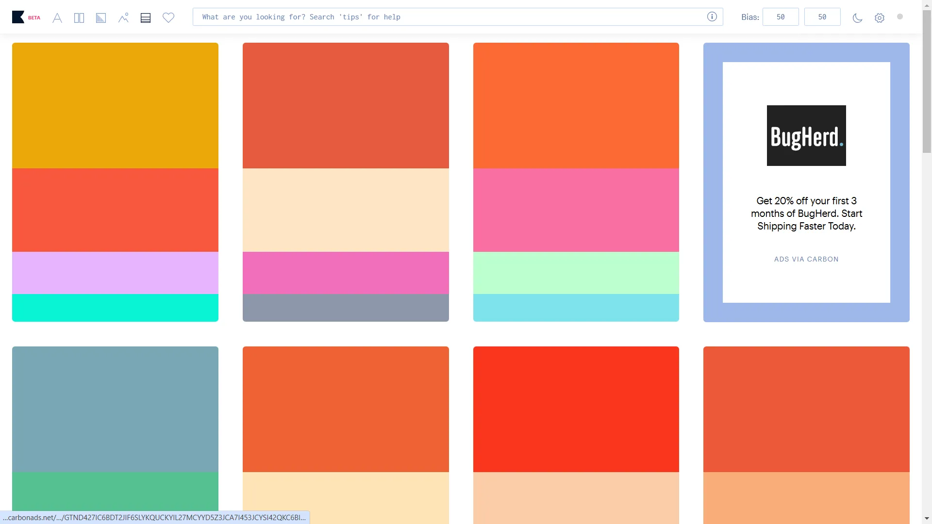Bảng màu (color palette) đa dạng được tạo ra bởi Khroma AI, minh họa sự phối hợp màu sắc hiệu quả cho thương hiệu