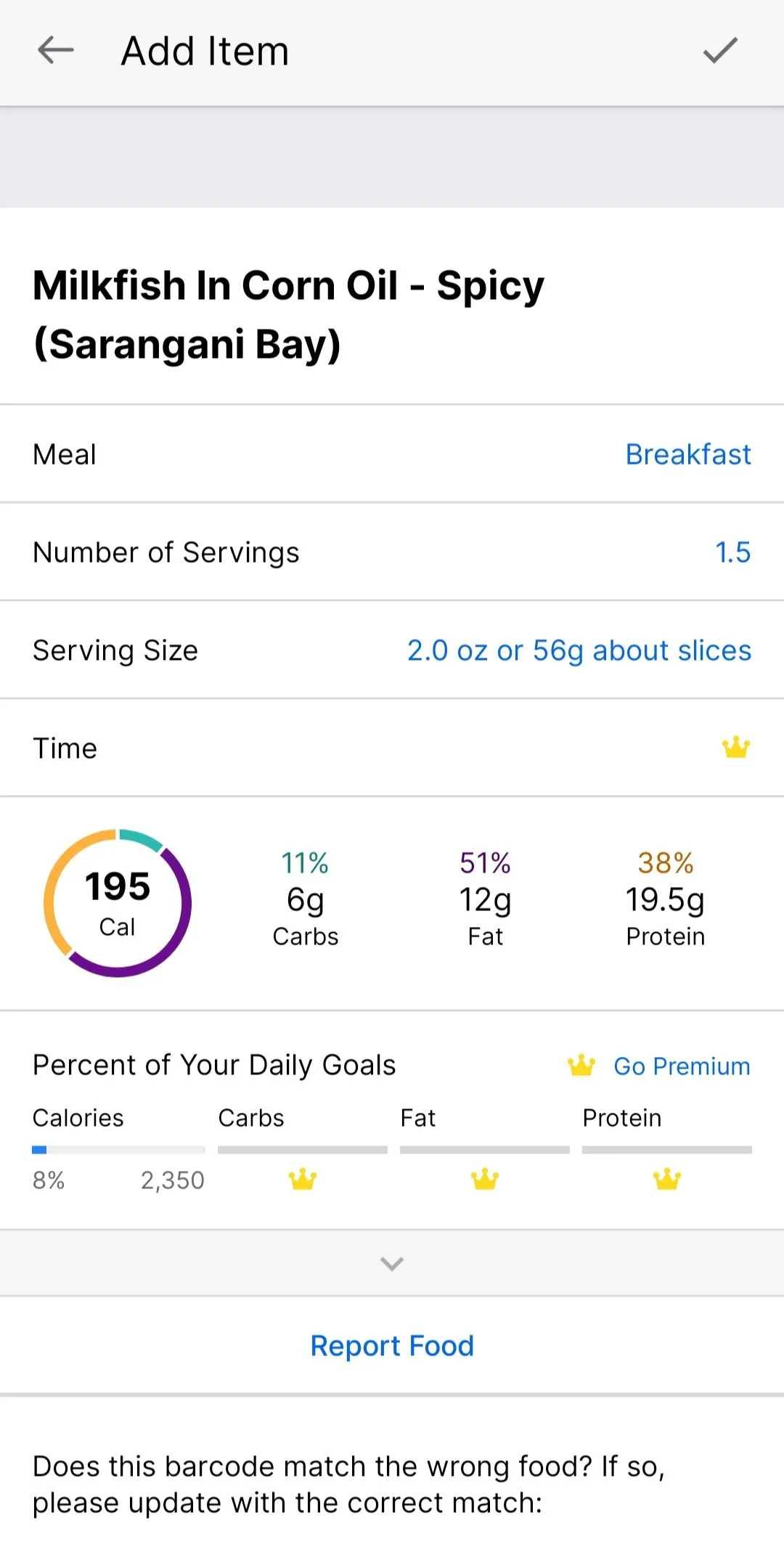 Bảng phân tích macro và khẩu phần ăn của món cá sữa trong ứng dụng MyFitnessPal, hỗ trợ theo dõi dinh dưỡng