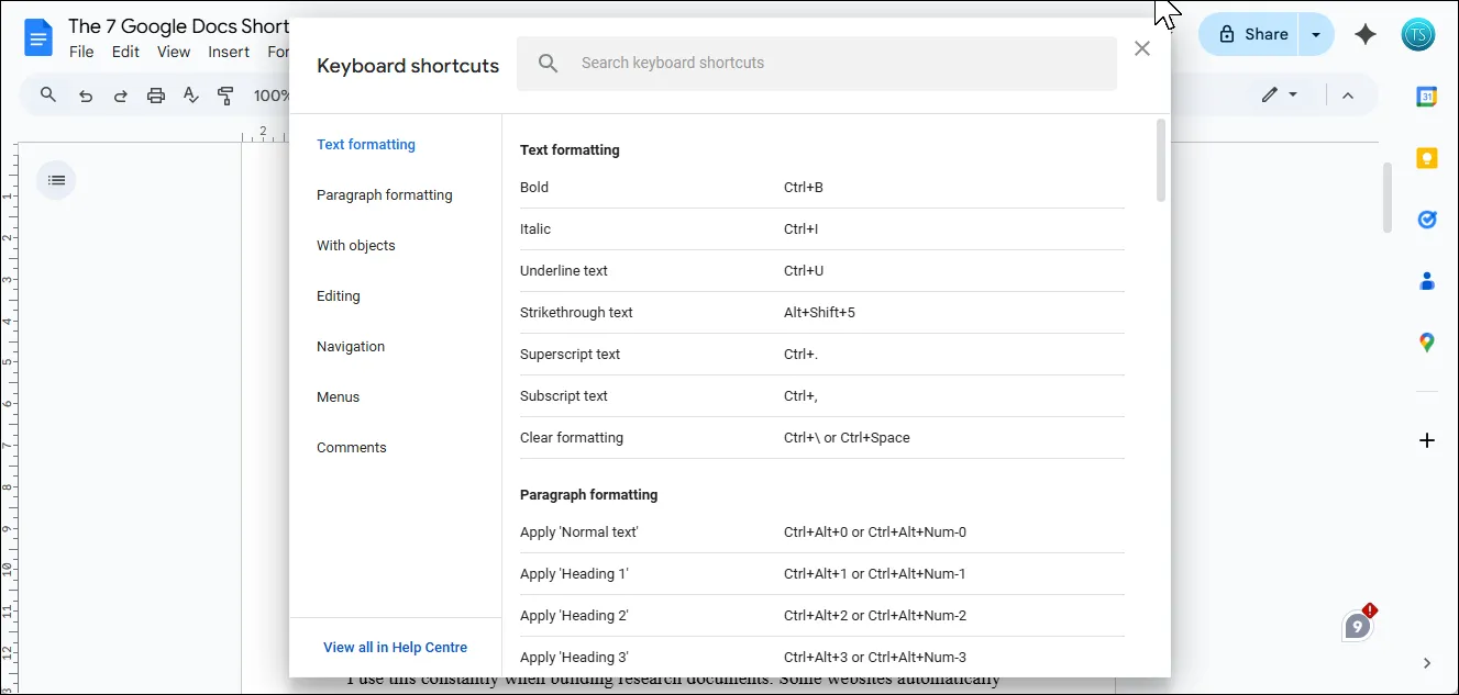 Bảng phím tắt Google Docs hiển thị danh sách các phím tắt và ô tìm kiếm giúp người dùng dễ dàng tra cứu.
