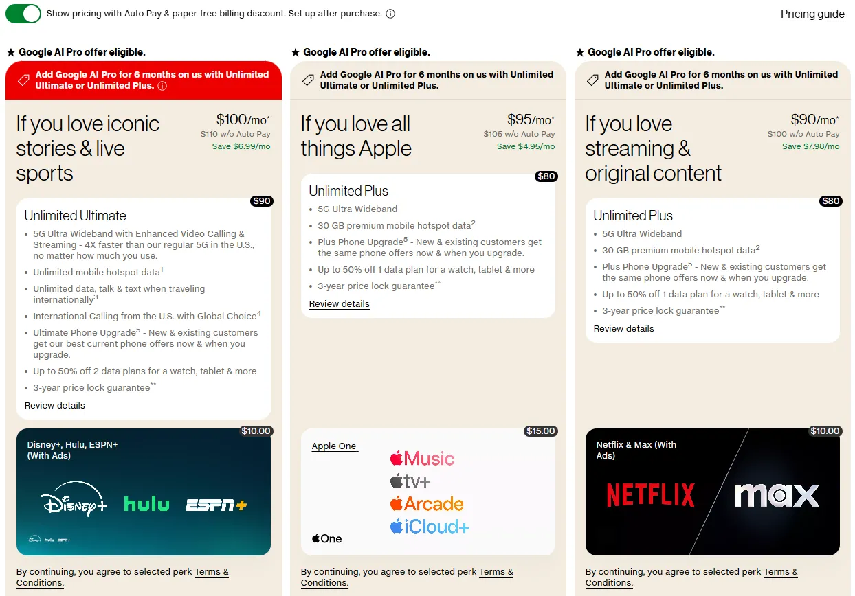 Bảng so sánh các gói cước di động &quot;không giới hạn&quot; của Verizon với chi phí hàng tháng và các giới hạn về dữ liệu, hotspot