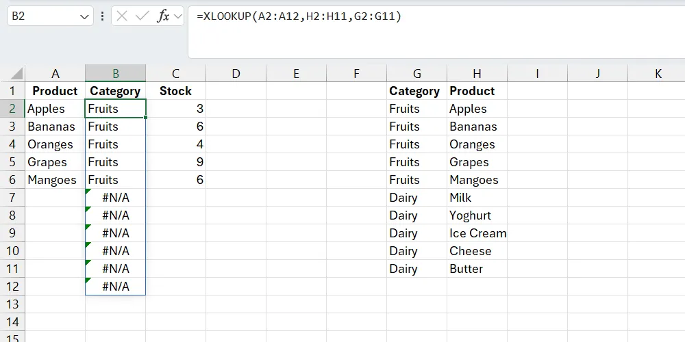Bảng tính Excel hiển thị lỗi #N/A từ hàm XLOOKUP do phạm vi tìm kiếm chứa ô trống