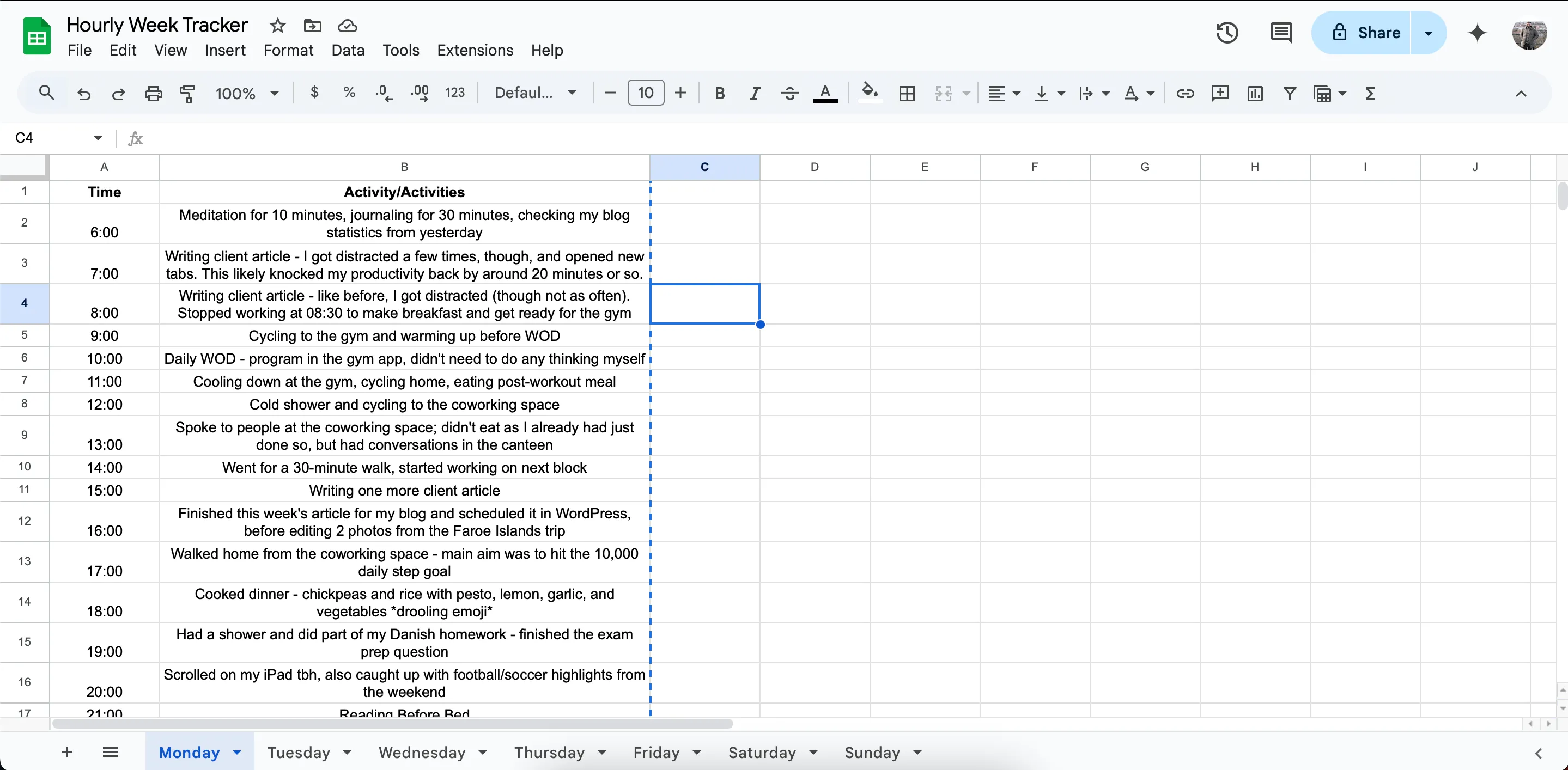 Bảng tính Google Sheets theo dõi buổi sáng Thứ Hai của tác giả