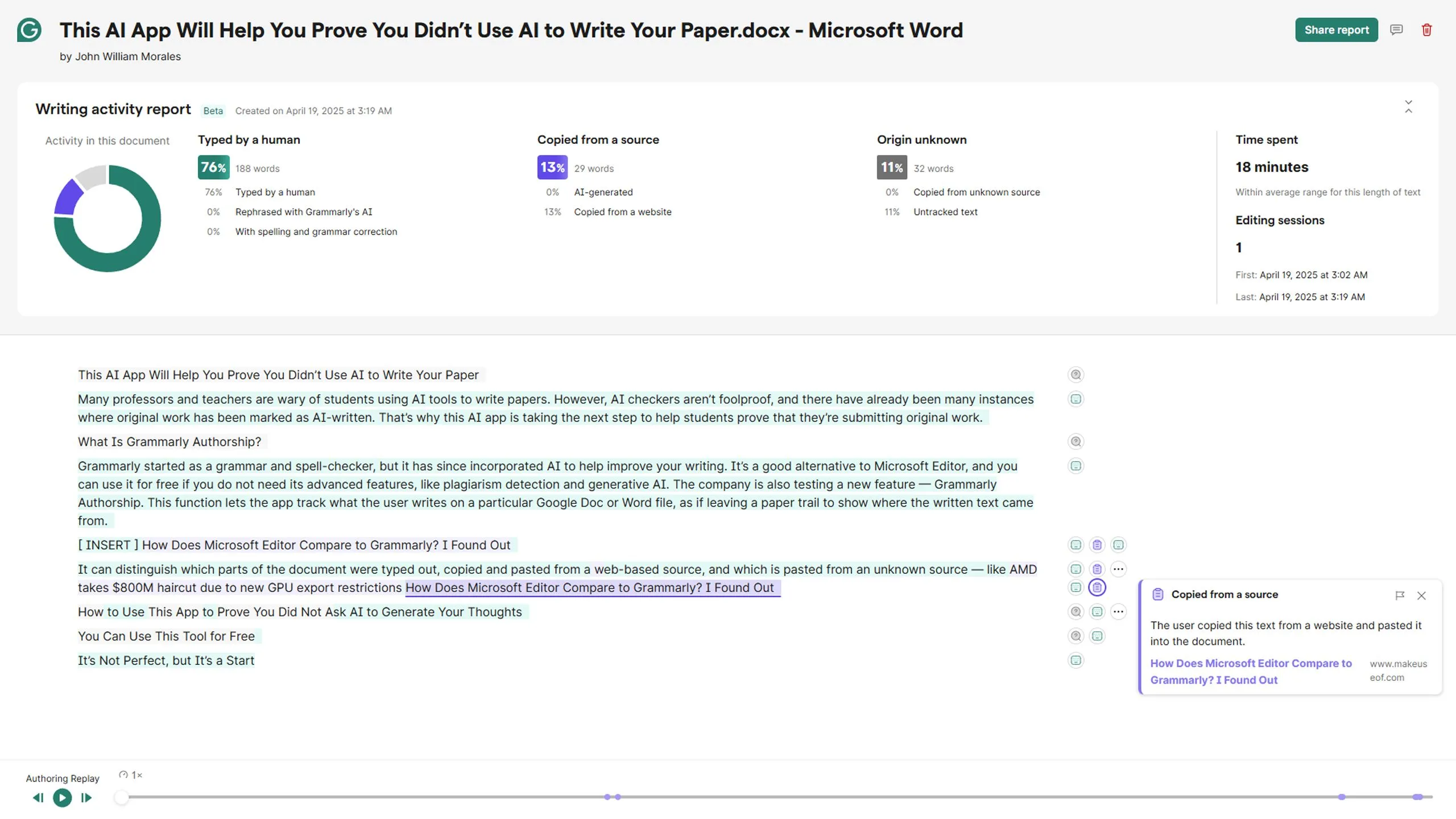 Báo cáo phiên hoạt động Grammarly Authorship hiển thị thống kê viết và nguồn gốc văn bản