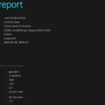 Báo cáo sức khỏe pin laptop Windows hiển thị dung lượng thiết kế, dung lượng sạc đầy và số chu kỳ sạc.