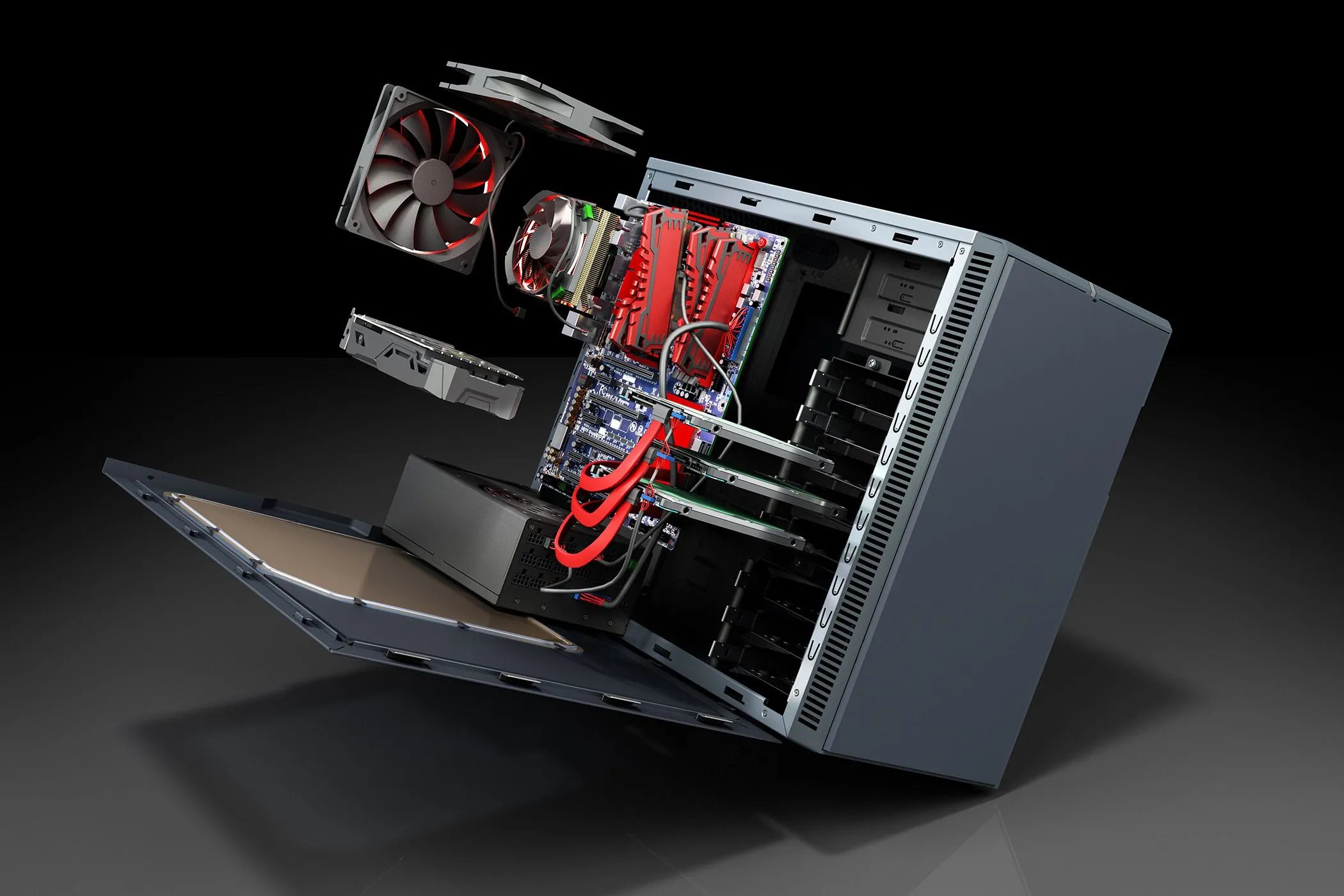 Bên trong vỏ máy tính để bàn mở với các linh kiện PC như bo mạch chủ, RAM và card đồ họa